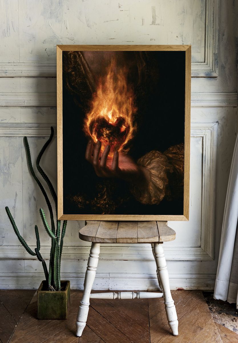 Burning Heart Surrealism Print. room preview