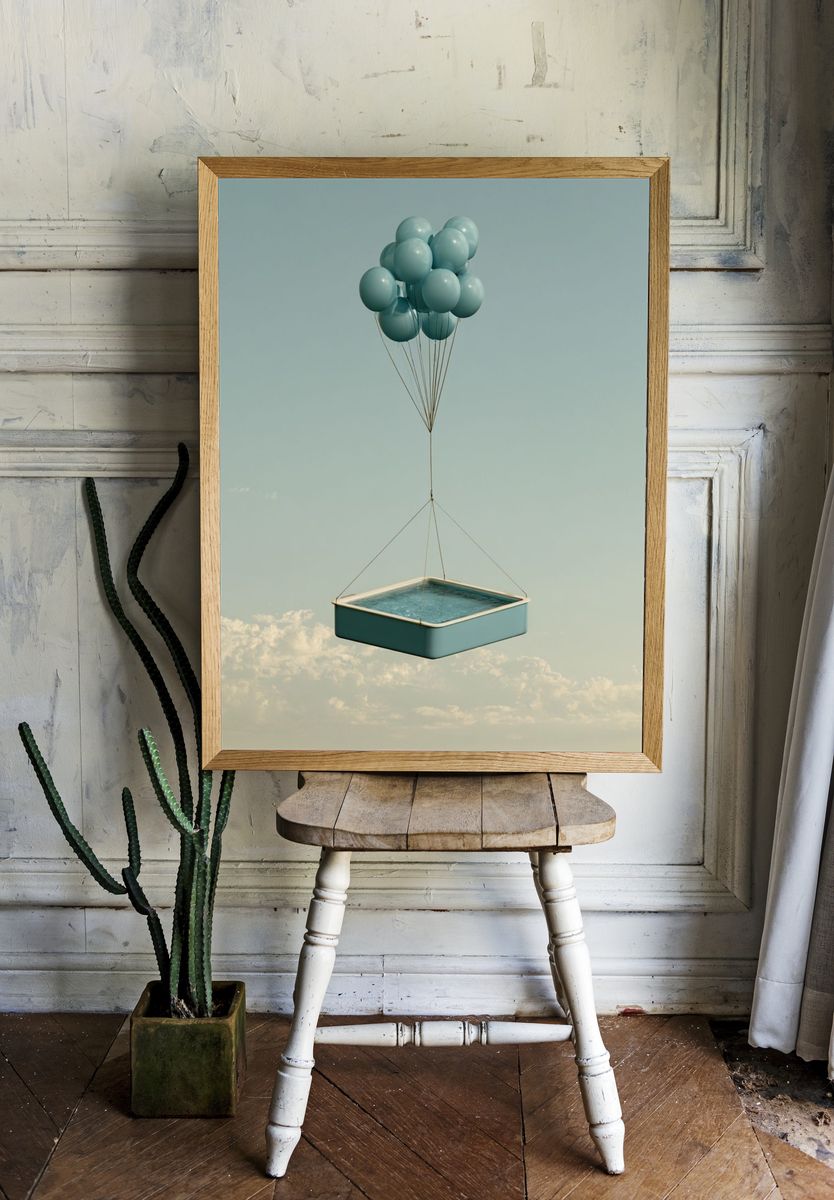 Floating Pool Balloons Surrealism Print. room preview
