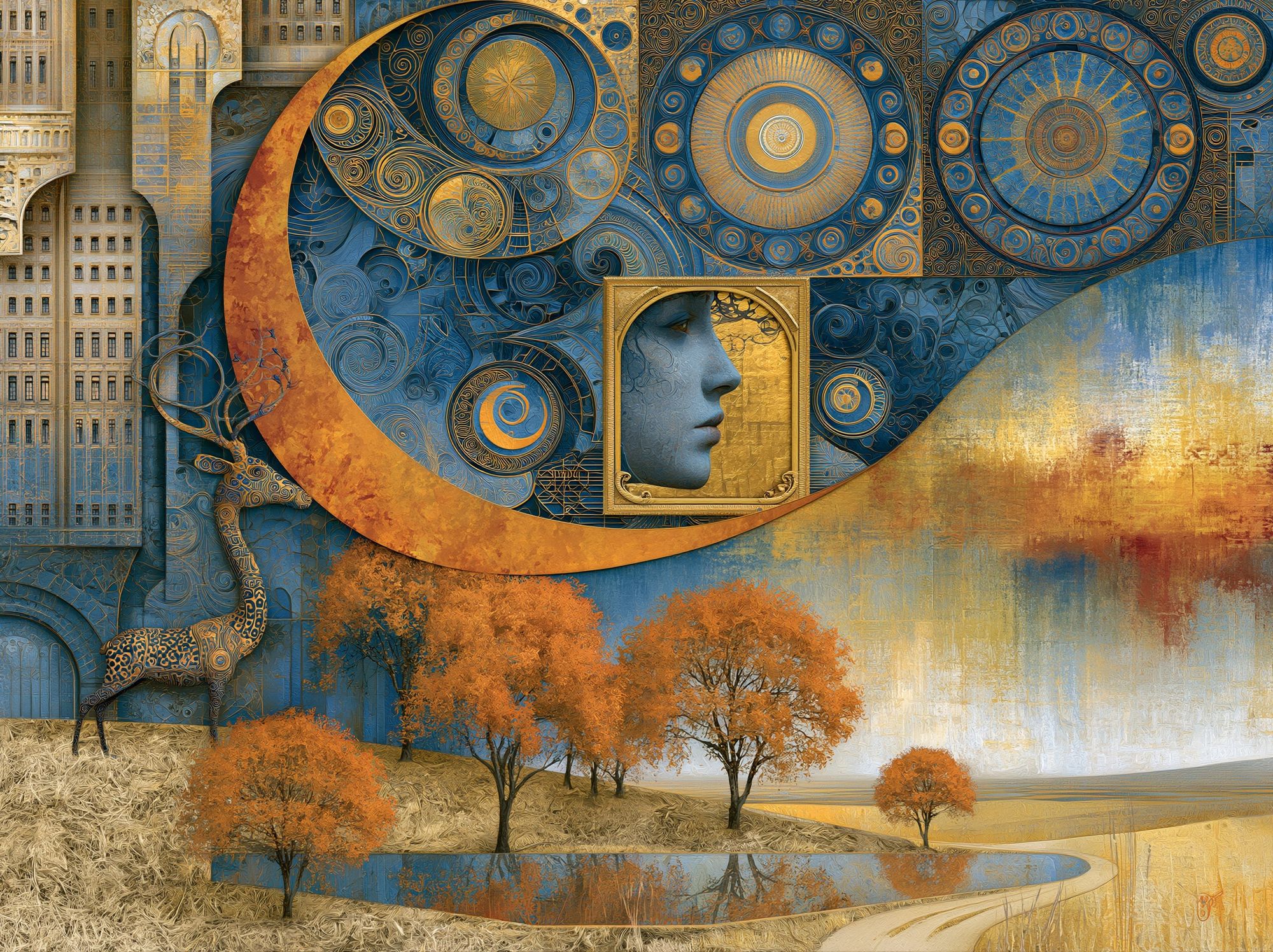 Celestial Blue and Gold Surreal Print. poster detail