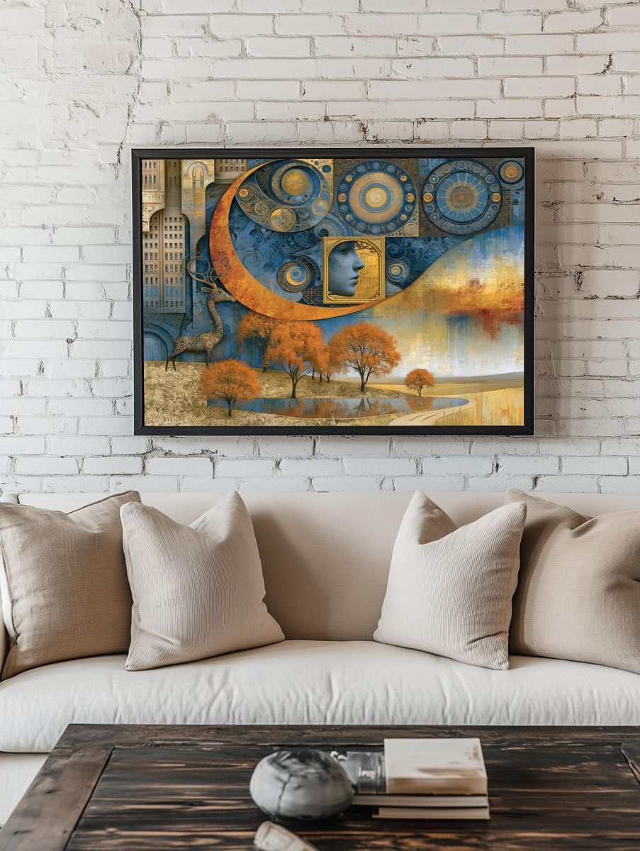 Celestial Blue and Gold Surreal Print. — room view 1