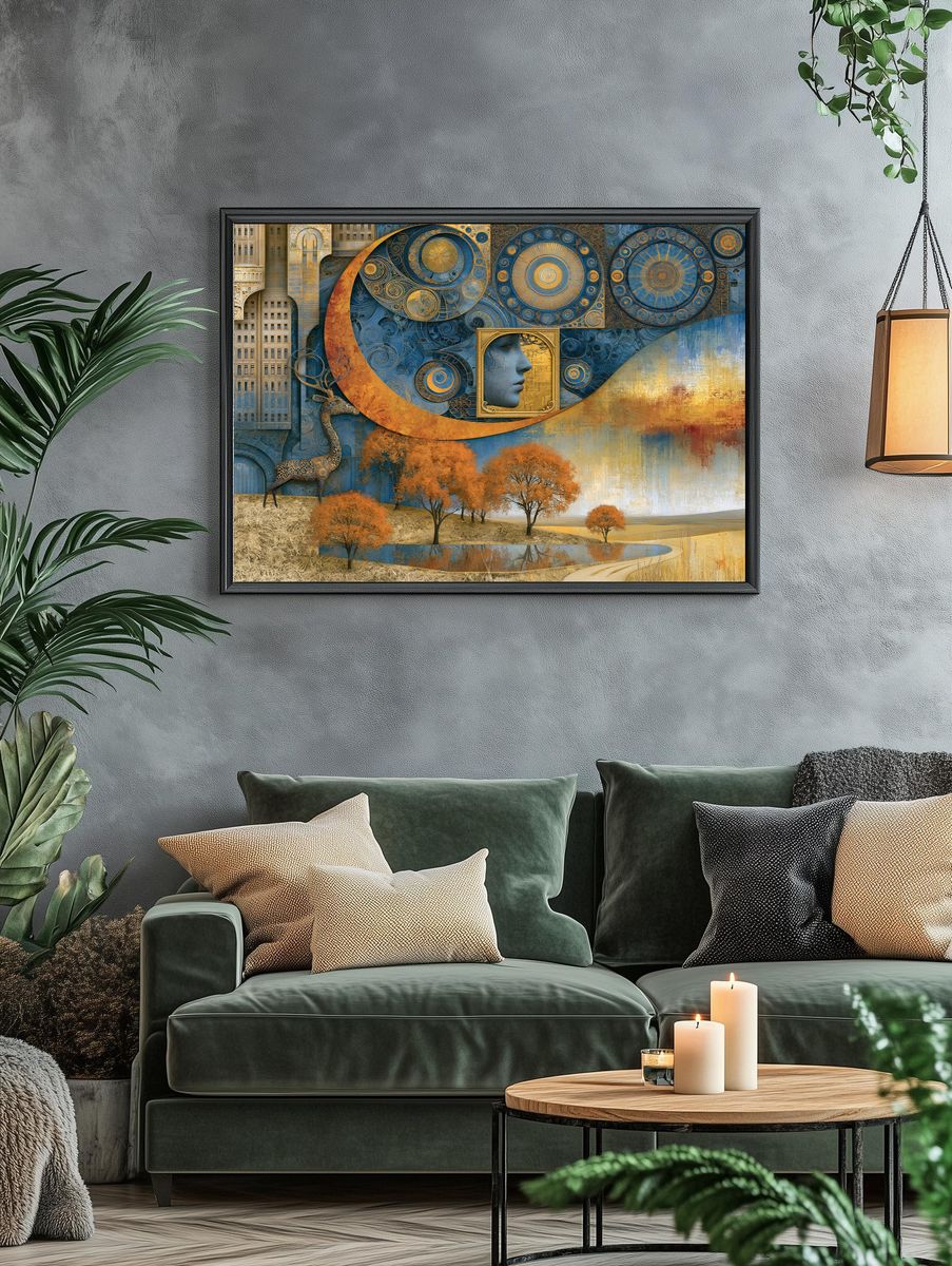Celestial Blue and Gold Surreal Print. — room view 4