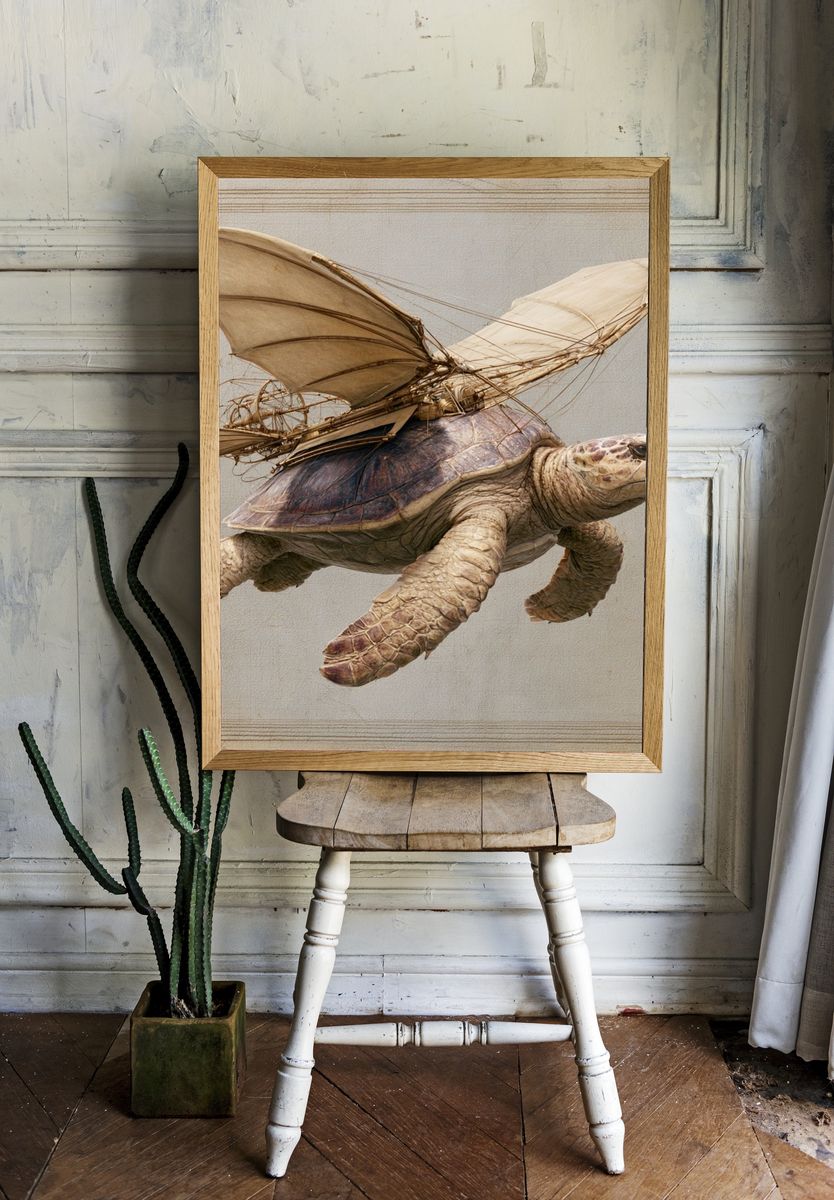 Flying Turtle Surrealism Print. room preview