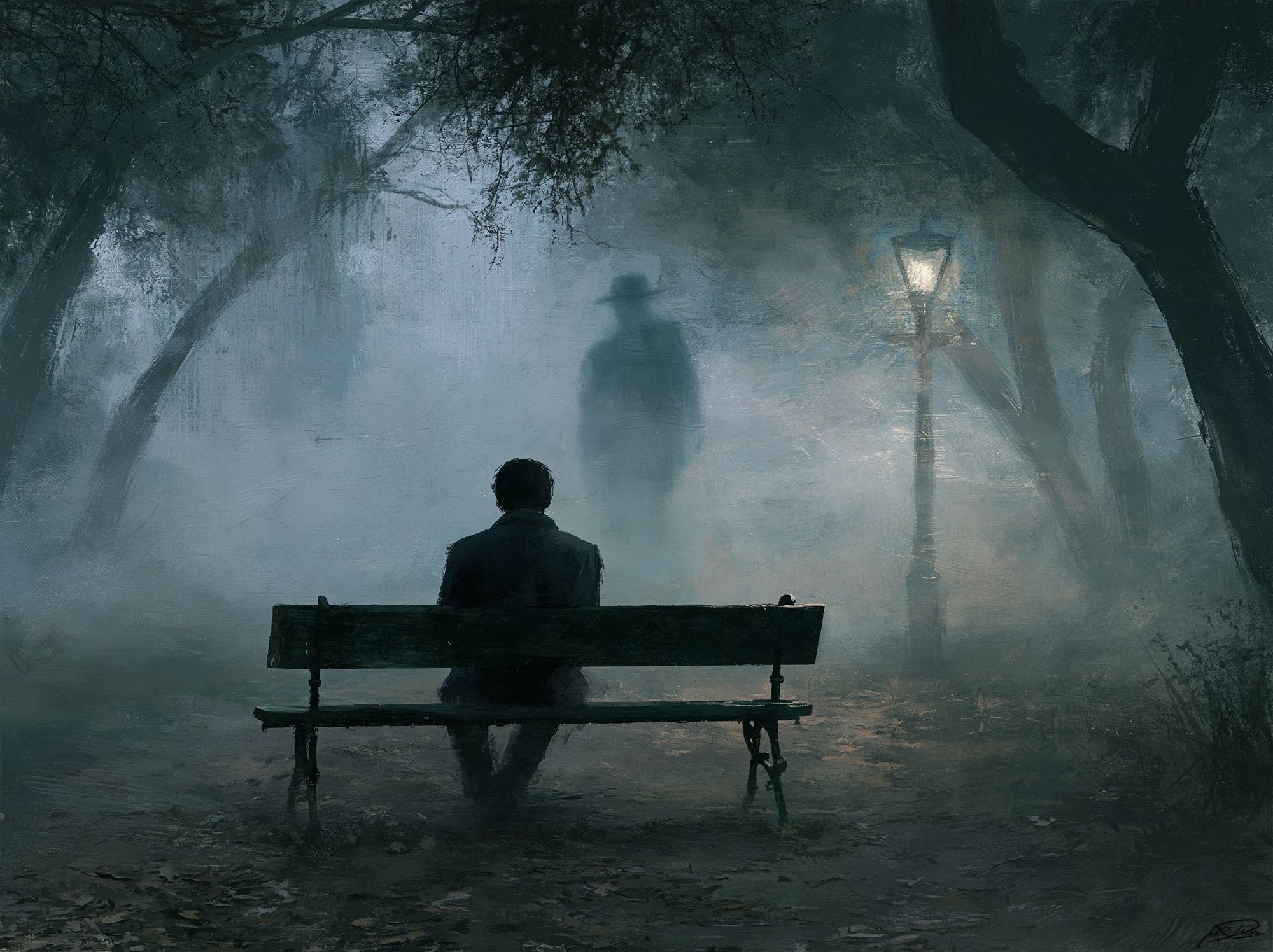 Foggy Park Bench Surrealism Print. poster — fine-art art