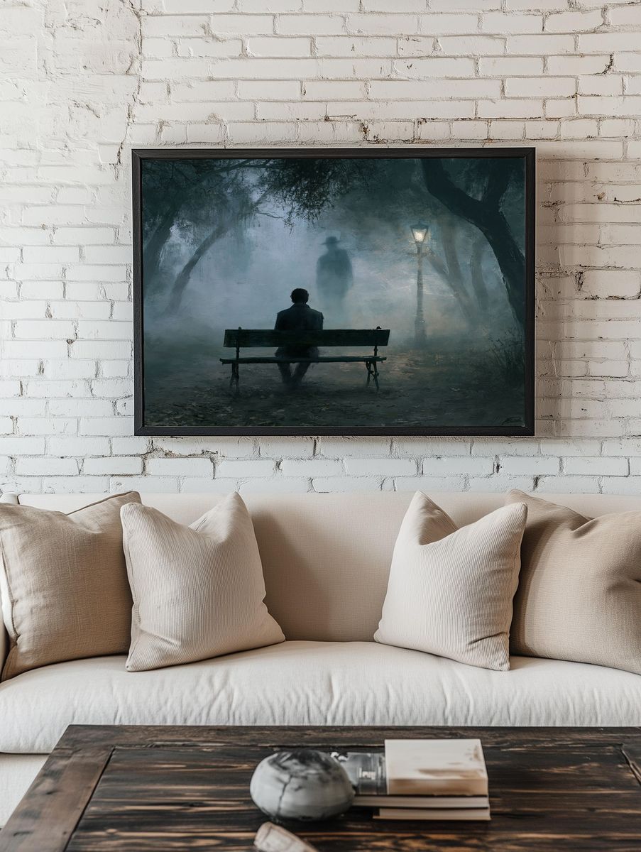 Foggy Park Bench Surrealism Print. room preview