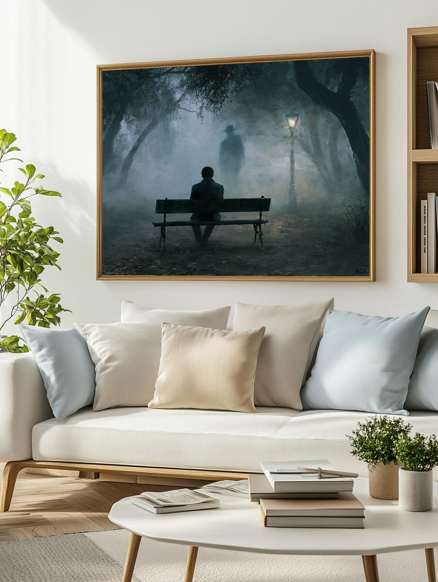 Foggy Park Bench Surrealism Print. — room view 2