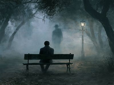 Foggy Park Bench Surrealism Print. poster