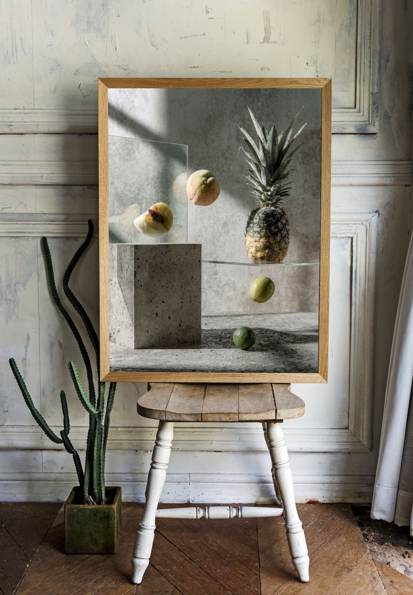 Floating Fruit Still Life Print. room preview