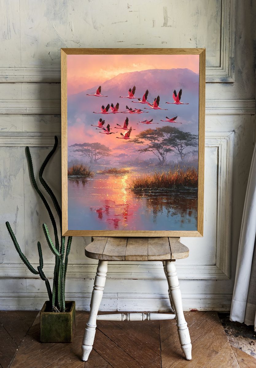 Flamingos at Sunset Poster. — room view 1