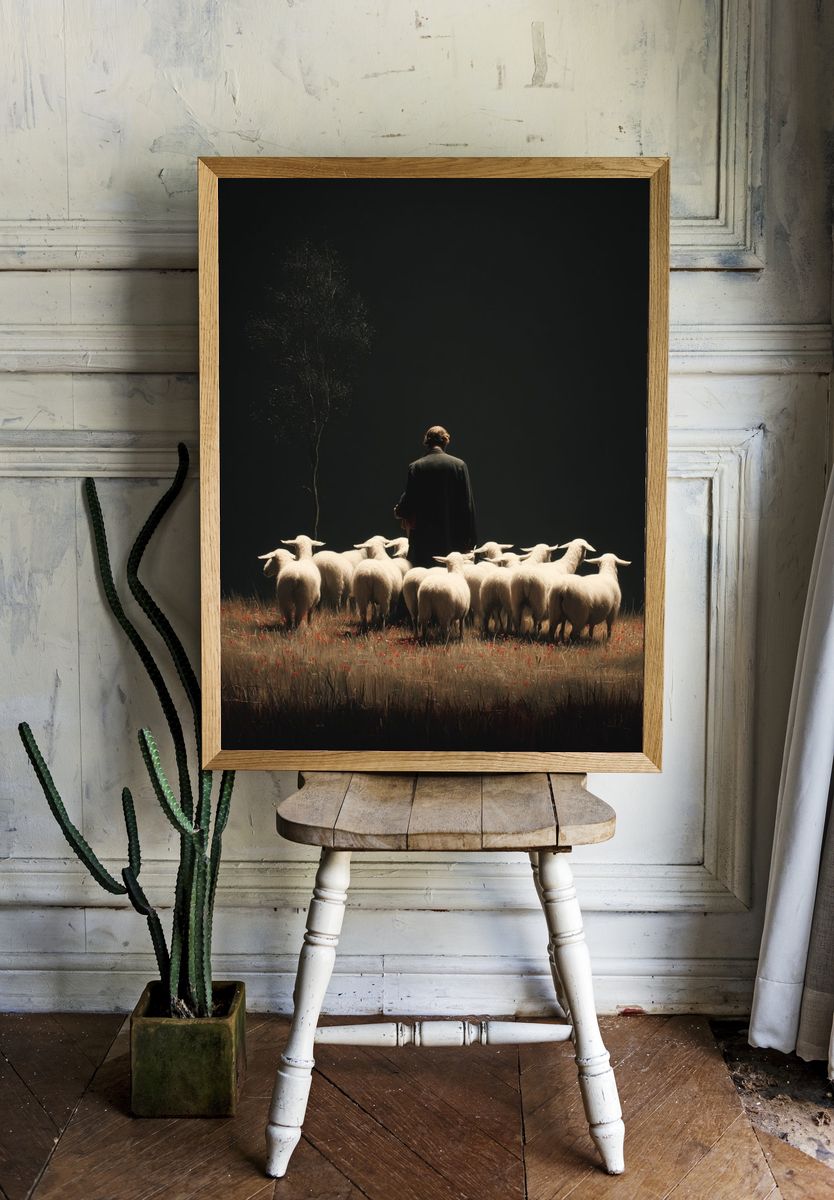 Shepherd and Sheep Surrealism Print. room preview