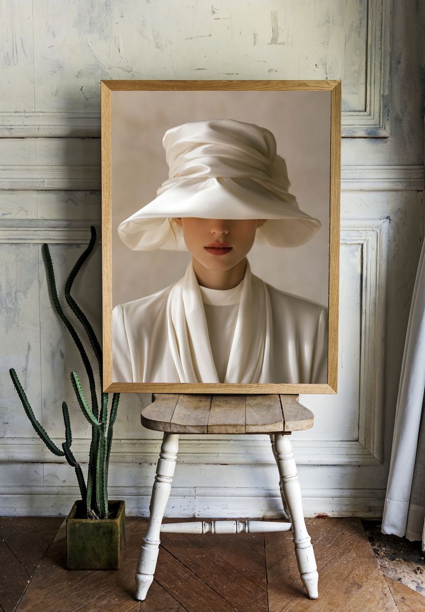 Elegant White Hat Portrait Print. — room view 1