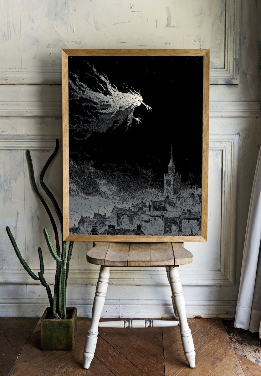 Surreal Night Village Print. — room view 1
