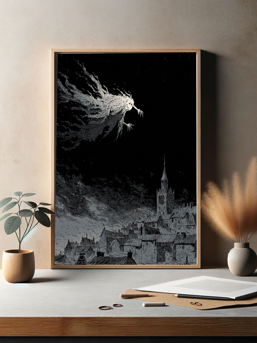Surreal Night Village Print. — room view 2
