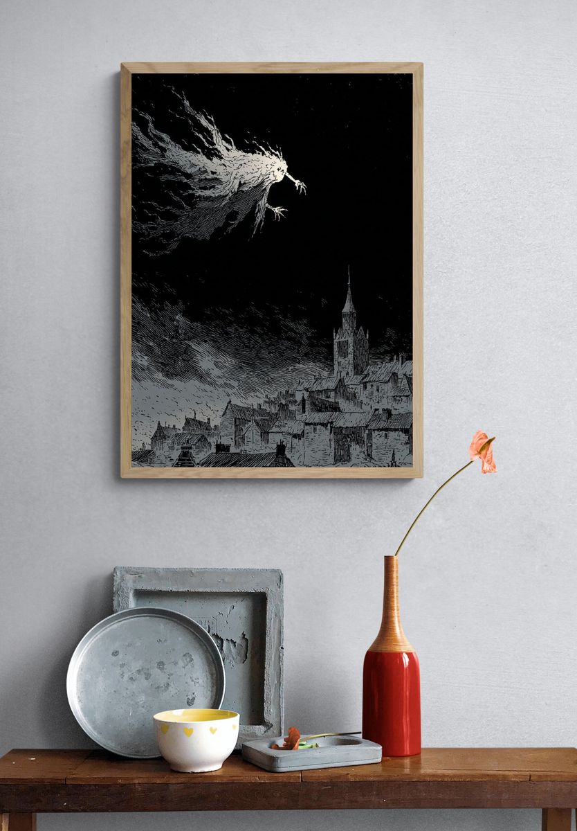 Surreal Night Village Print. — room view 3