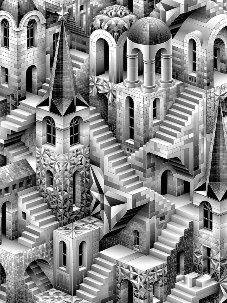 Monochrome Escher Cityscape Print. poster — fine-art art