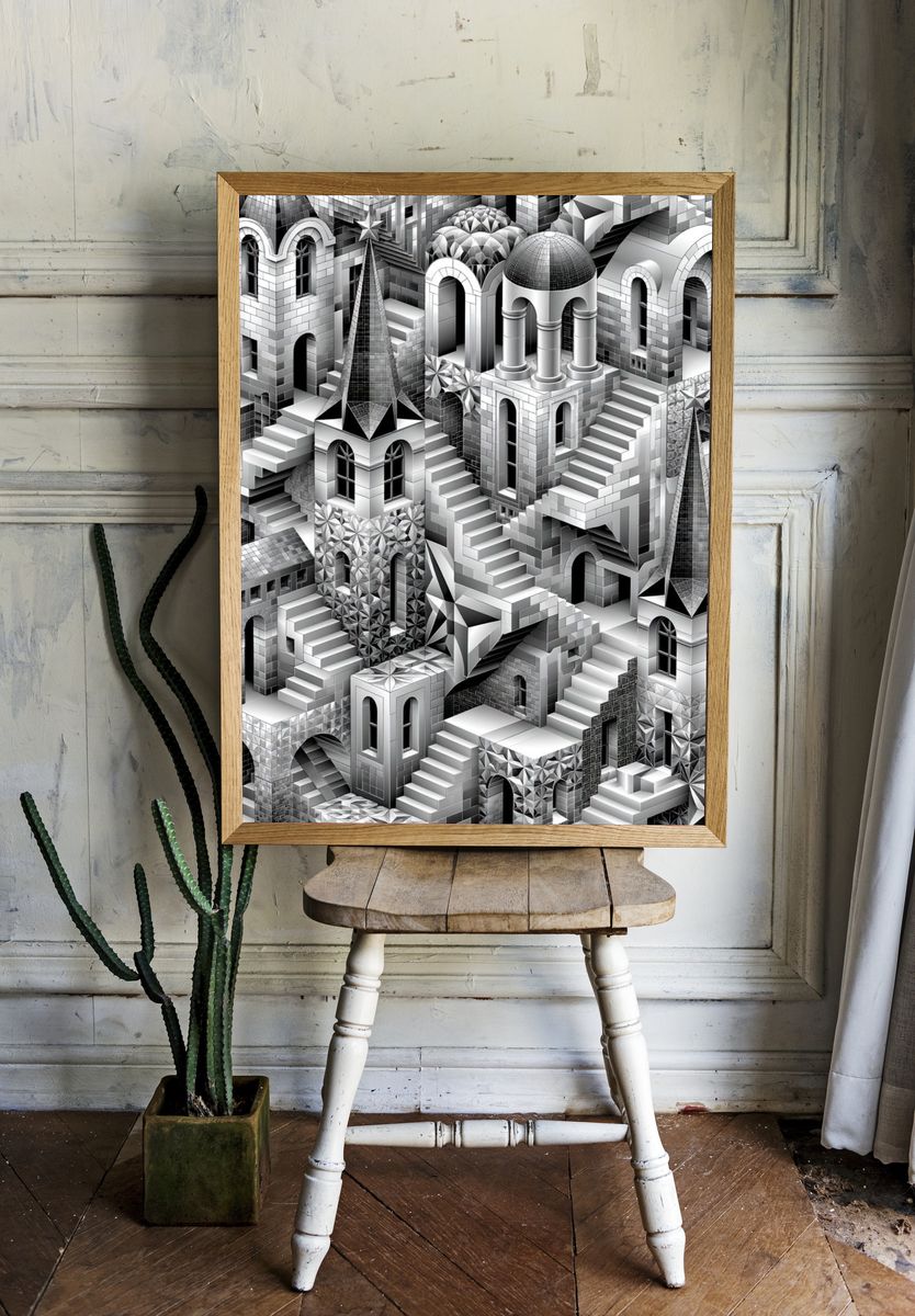 Monochrome Escher Cityscape Print. — room view 1