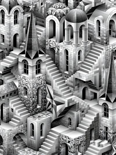 Monochrome Escher Cityscape Print. poster