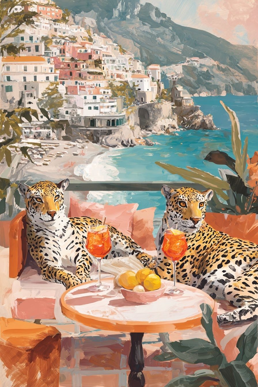 Amalfi Leopards Coastal Surrealism Print. poster detail
