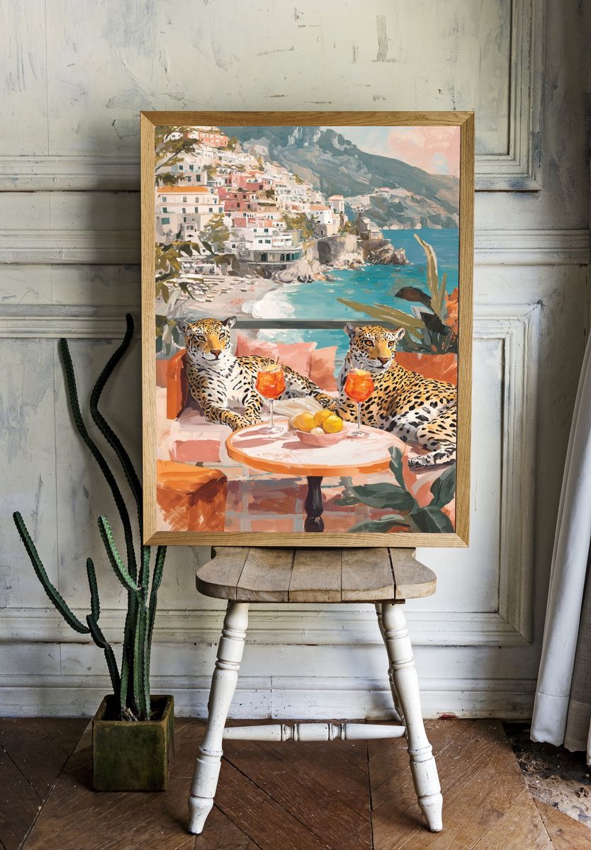 Amalfi Leopards Coastal Surrealism Print. room preview