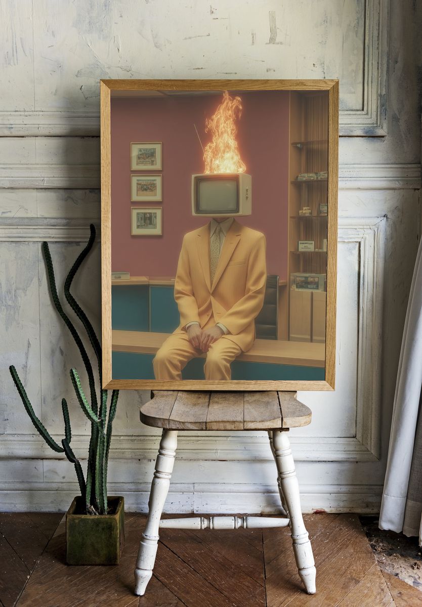 Burning TV Head Surrealism Poster room preview