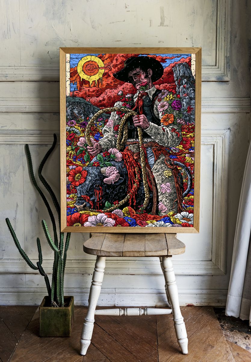 Floral Cowboy Surrealism Poster. room preview