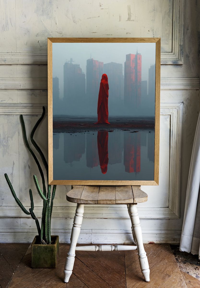 Red Cloaked Cityscape Surrealism Print room preview