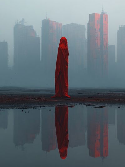 Red Cloaked Cityscape Surrealism Print. poster
