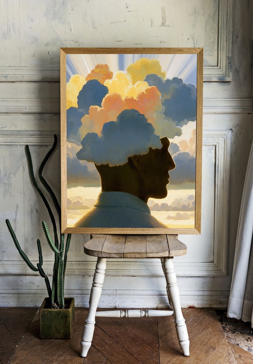 Cloud Head Silhouette Surrealism Print. — room view 1