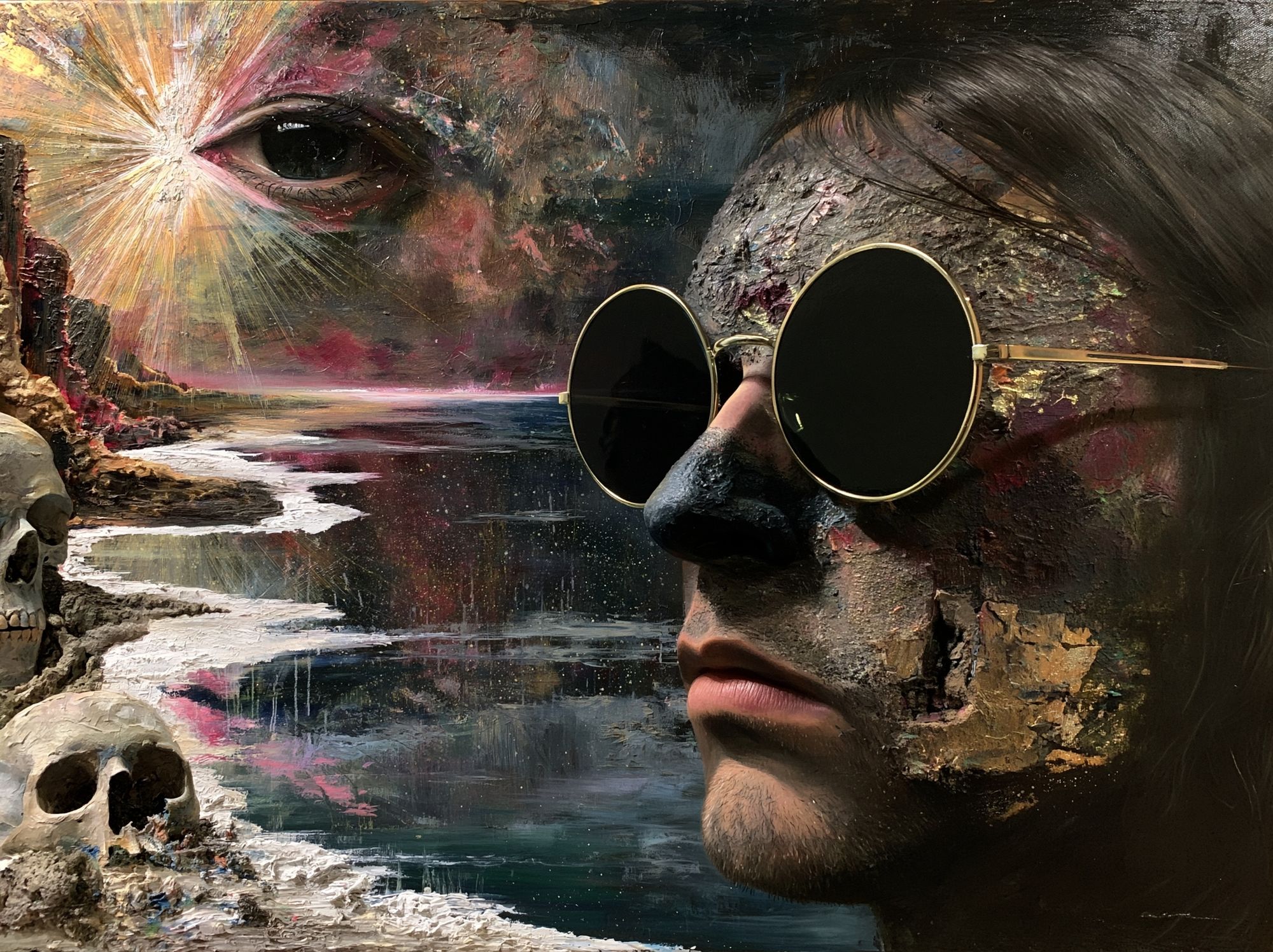 Surreal Face and Skull Print. poster detail