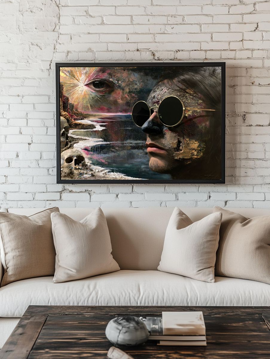 Surreal Face and Skull Print. — room view 1