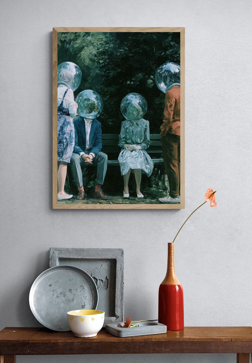 Surreal Glass Heads Illustration Poster. — room view 3