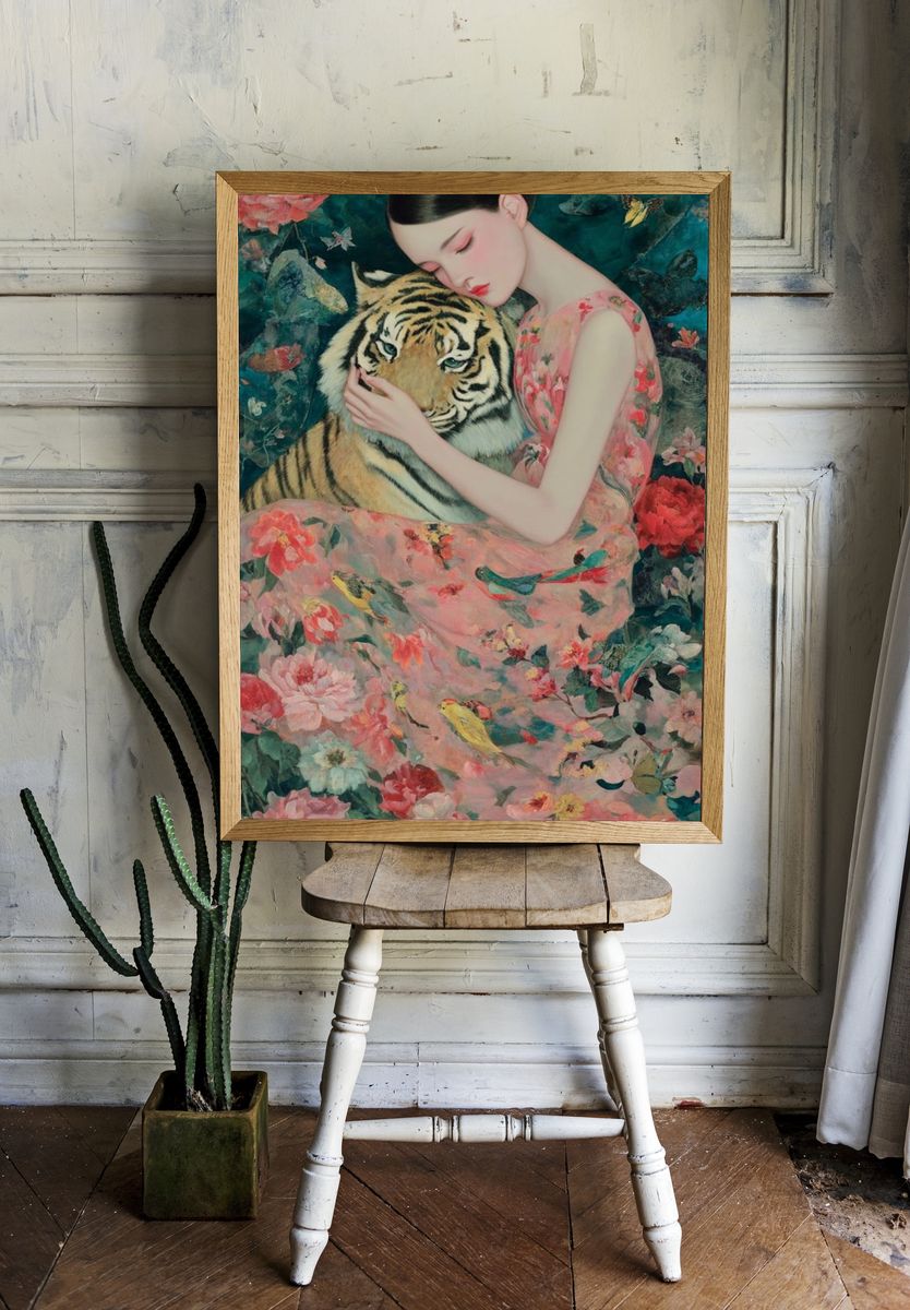 Girl and Tiger Surrealism Print. — room view 1