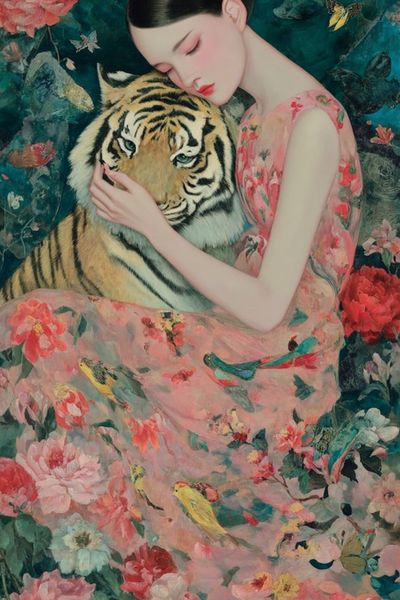 Girl and Tiger Surrealism Print. poster