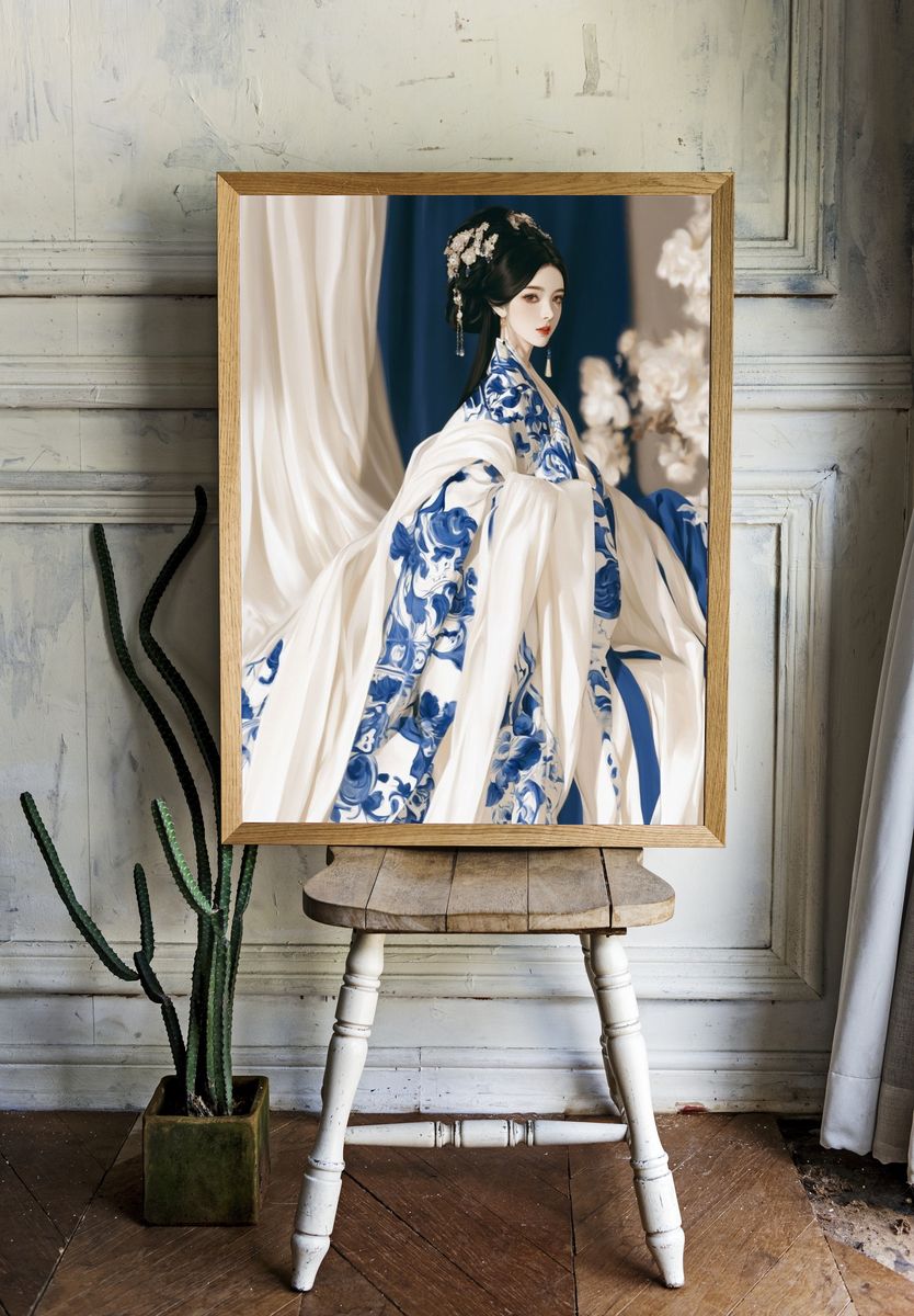 Blue Porcelain Hanfu Fashion Poster. — room view 1