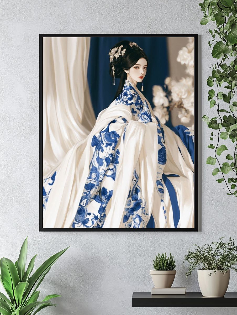 Blue Porcelain Hanfu Fashion Poster. — room view 4