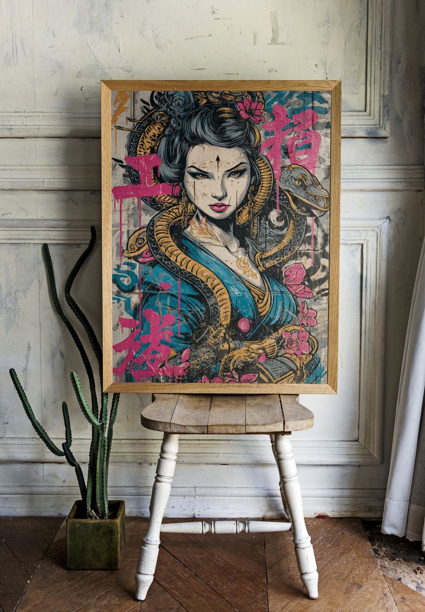 Geisha Snake Graffiti Poster. room preview