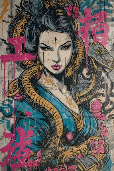 Geisha Snake Graffiti Poster.