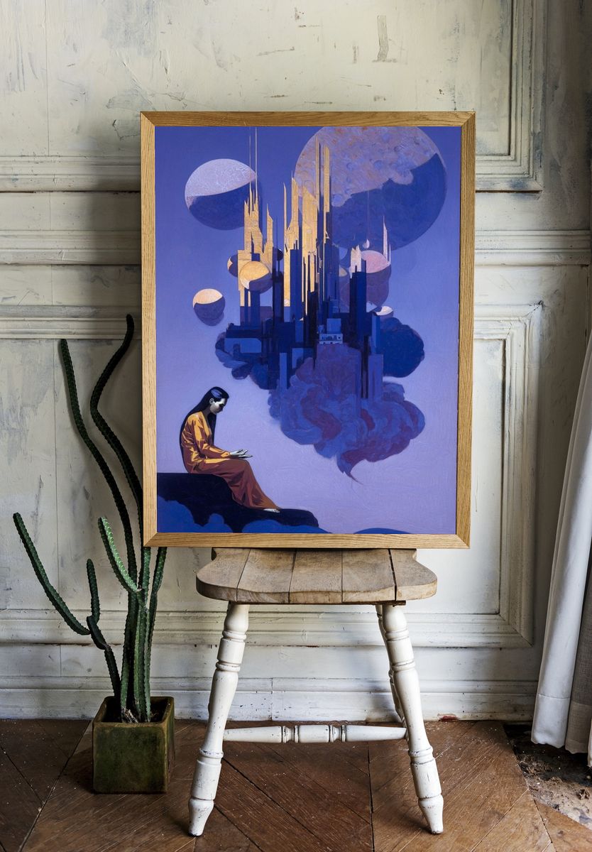 Surreal Cosmic Cityscape Print. room preview