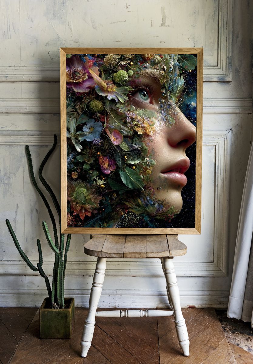 Floral Cosmic Face Surrealism Poster room preview