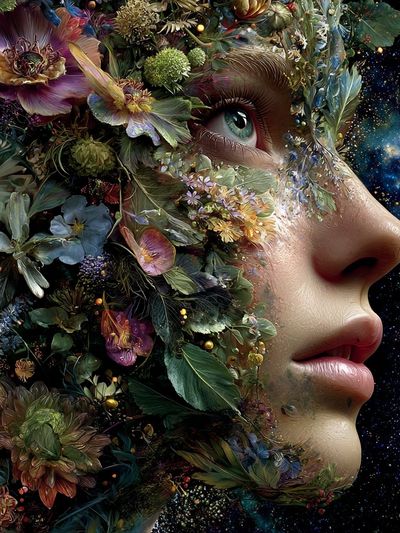Floral Cosmic Face Surrealism Poster. poster