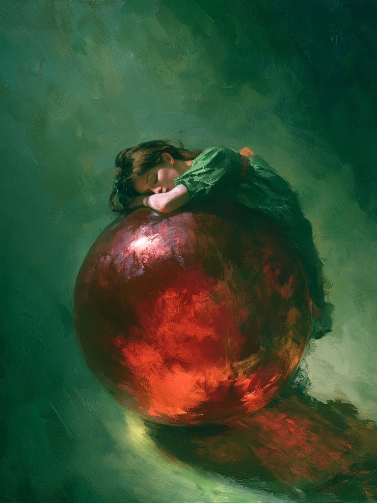 Dreaming Girl on Red Sphere Print. poster — fine-art art