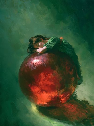 Dreaming Girl on Red Sphere Print.