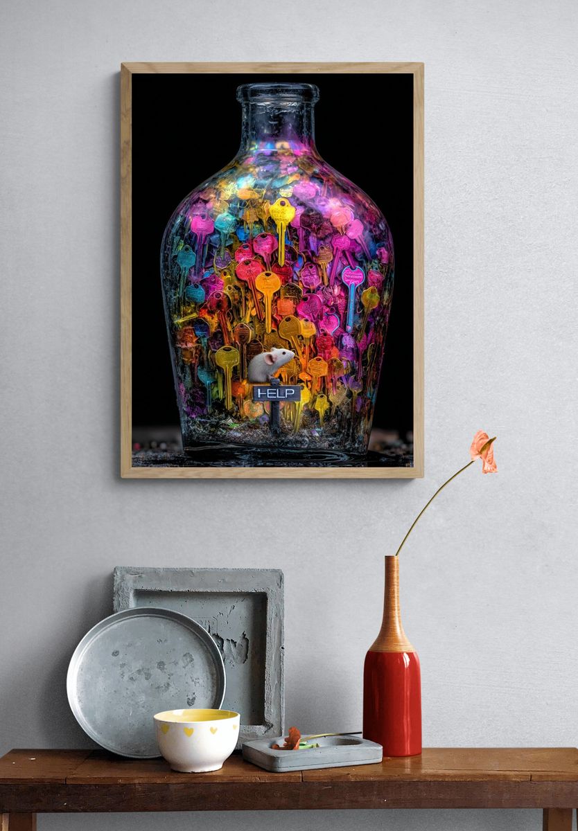 Keys in Bottle Surrealism Print. — room view 3