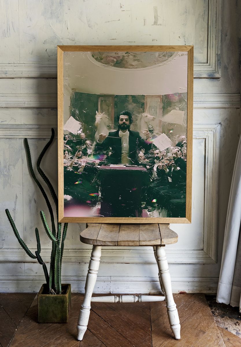 Conductor and Unicorns Surrealism Print. room preview