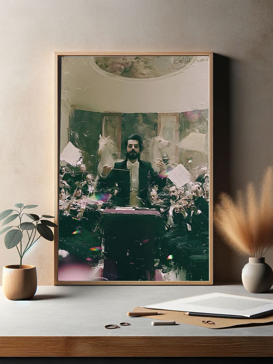 Conductor and Unicorns Surrealism Print. — room view 2