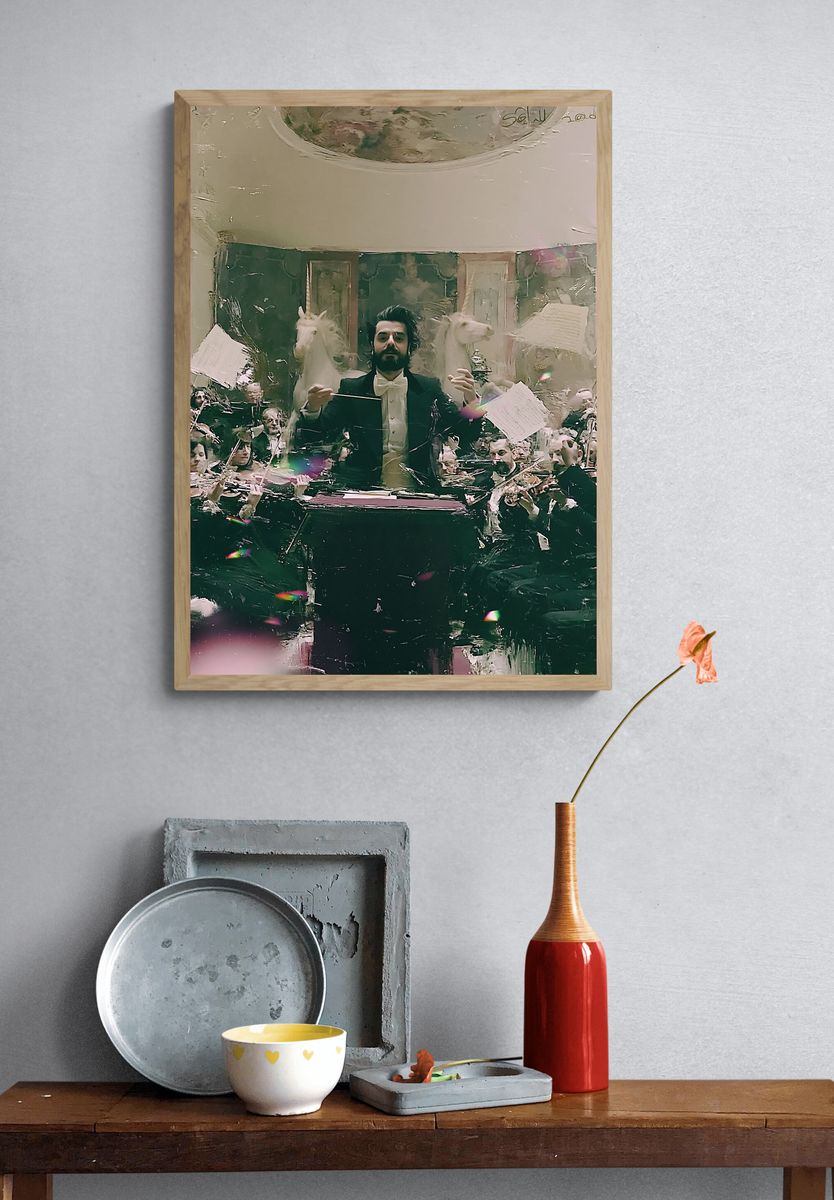Conductor and Unicorns Surrealism Print. — room view 3