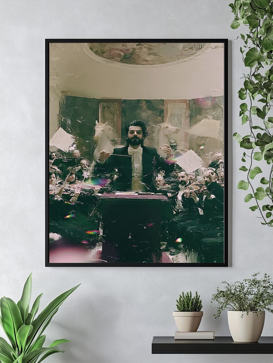 Conductor and Unicorns Surrealism Print. — room view 4