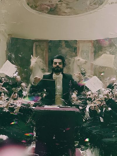 Conductor and Unicorns Surrealism Print. poster print