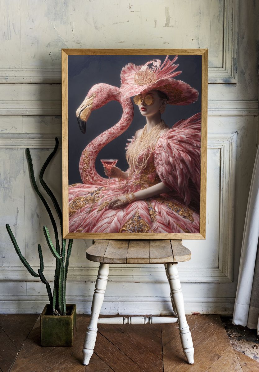 Pink Flamingo Fashion Portrait Print. room preview