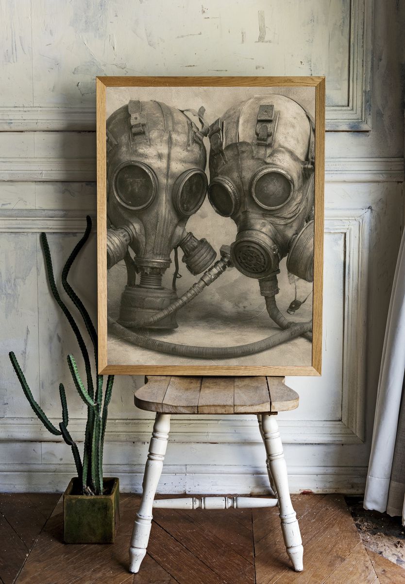 Gas Mask Duo Surrealism Print. room preview