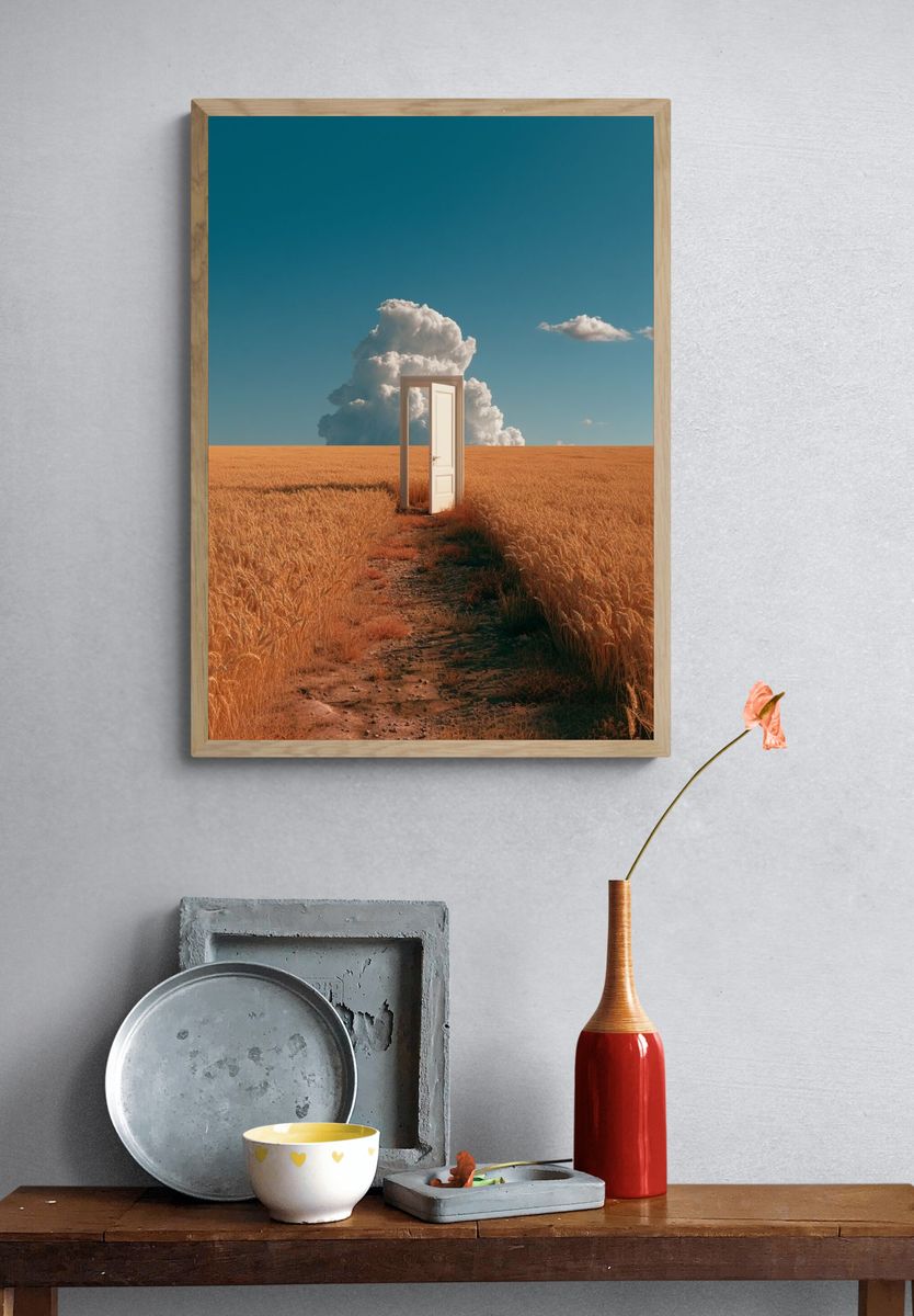 Surreal Door in Wheat Field Print. — room view 3